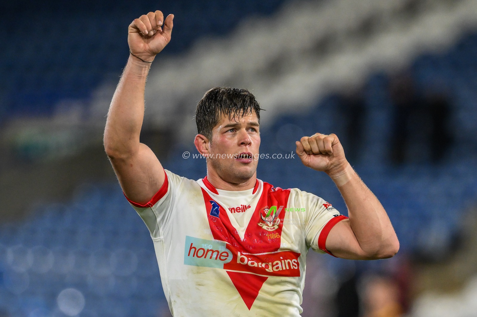 Louie McCarthy-Scarsbrook #15 of St Helens dances with the fans at the end of the Betfred Super League Round 6 match Huddersfield Giants vs St Helens at John Smith's Stadium, Huddersfield, United Kingdom, 23rd March 2023

(Photo by Craig Thomas/News Images)