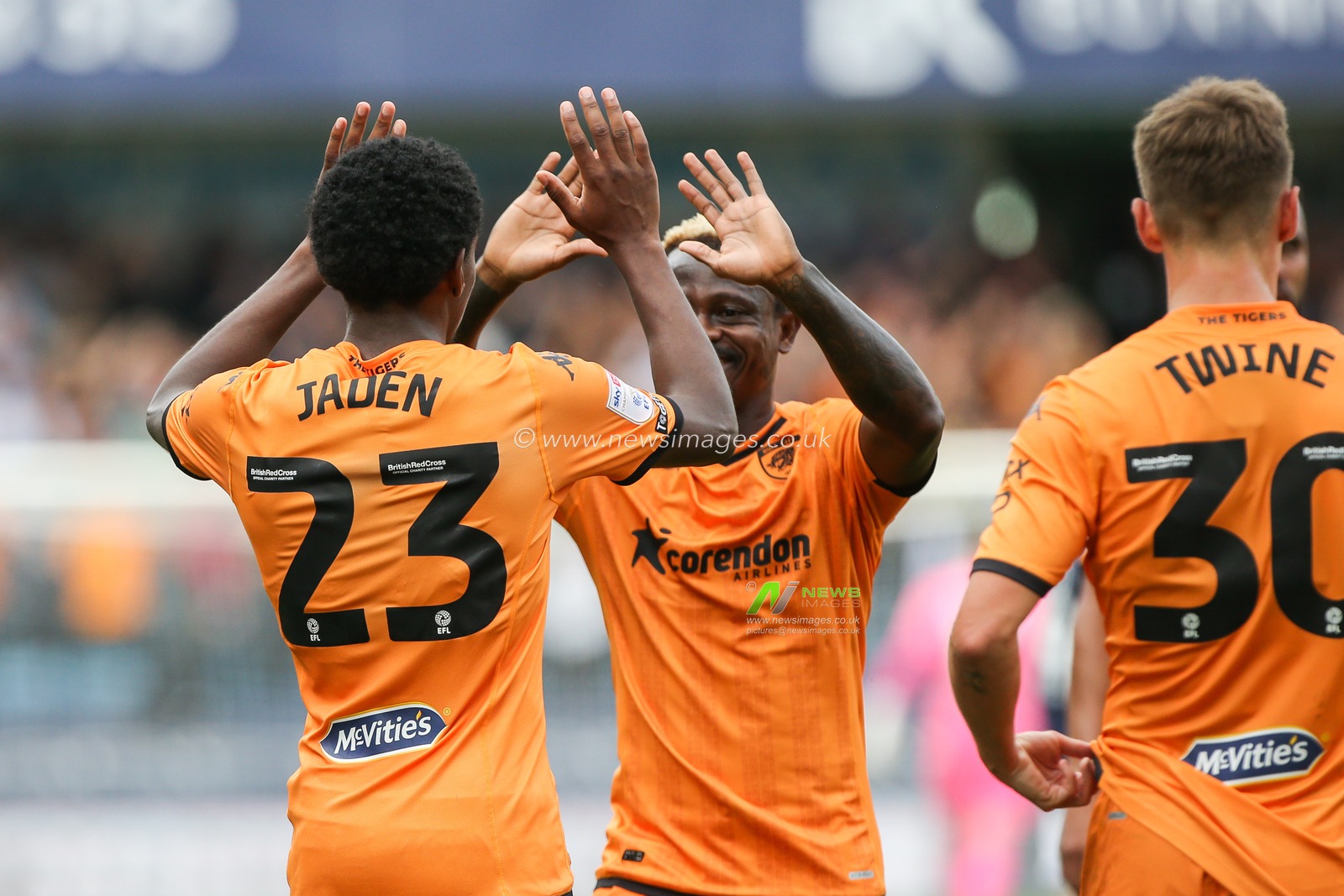 Jaden Philogene-Bidace #23 of Hull City celebrates his goal to make it 11am-1 during the Sky Bet Championship match Millwall vs Hull City at The Den, London, United Kingdom, 7th October 2023

(Photo by Arron Gent/News Images)