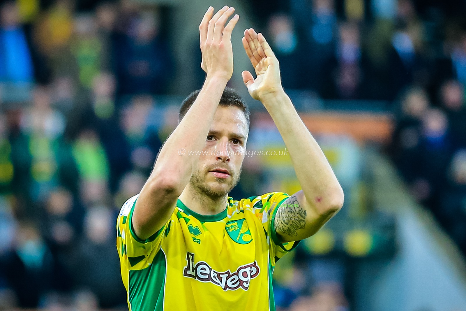 23rd February 2019, Carrow Road, Norfolk, England; Sky Bet Championship, Norwich City vs Bristol City ;  Marco Stiepermann (18) of Norwich City applauds fans following the final whistle 

Credit: Georgie Kerr/News Images

English Football League images are subject to DataCo Licence