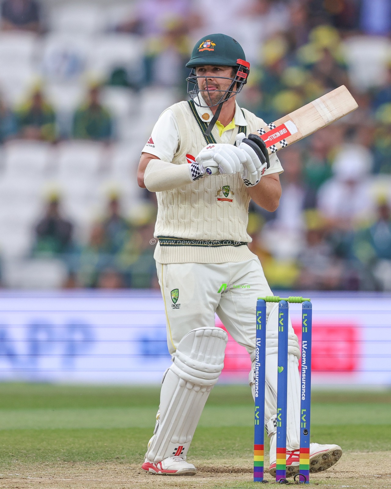 Travis Head of Australia sidesteps a bouncer during the LV= Insurance Ashes Third Test Series Day 3 England v Australia at Headingley Stadium, Leeds, United Kingdom, 8th July 2023

(Photo by Mark Cosgrove/News Images)
