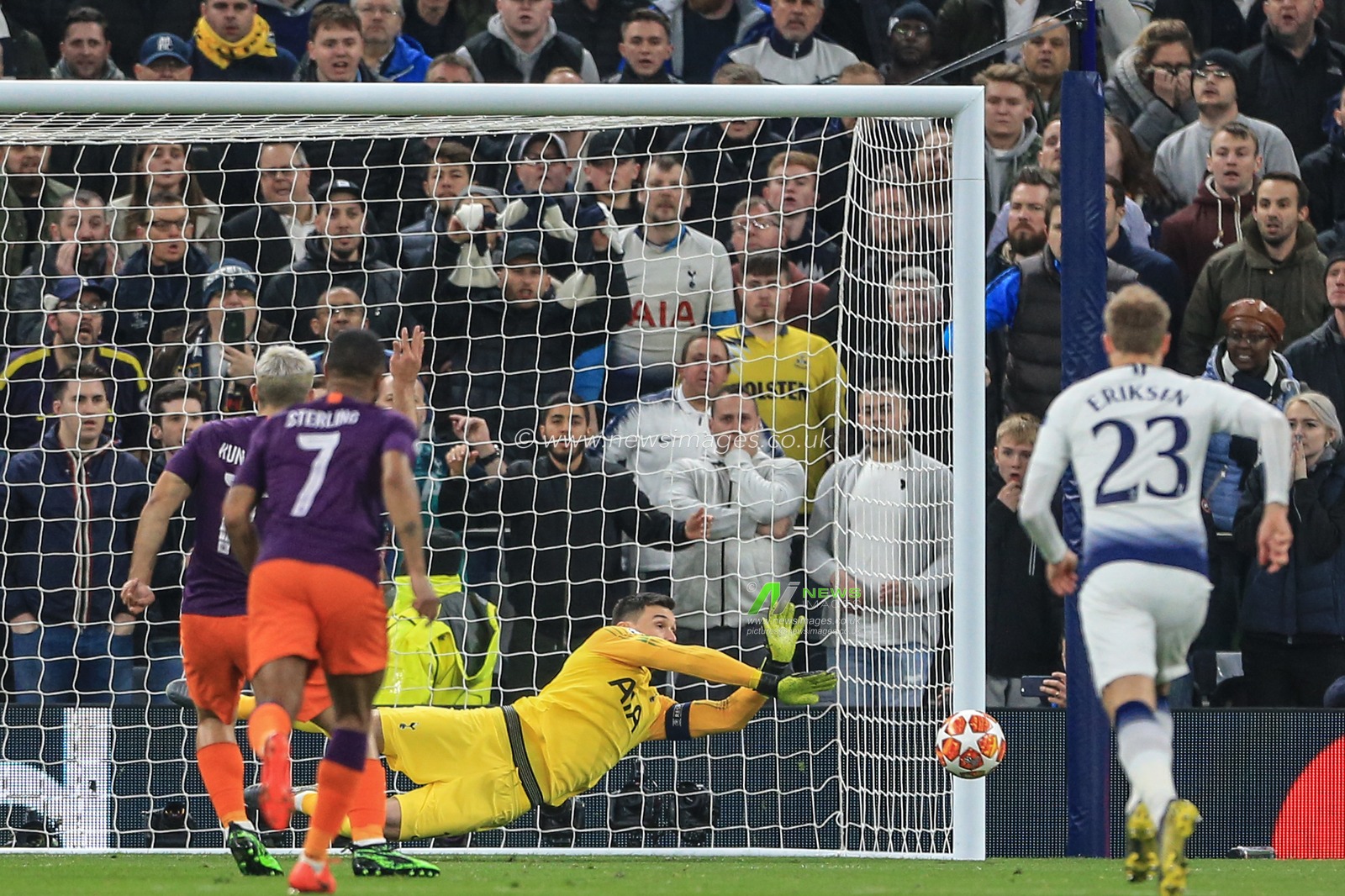 9th April 2019, Tottenham Hotspur Stadium, London, England ; UEFA Champions League, Quarter Final, Tottenham vs Manchester City ; Hugo Lloris (01) of Tottenham saves Sergio Aguero (10) of Manchester Cityâ€™s penalty after referee Bjorn Kuipers give it through VAR

Credit: Mark Cosgrove/News Images