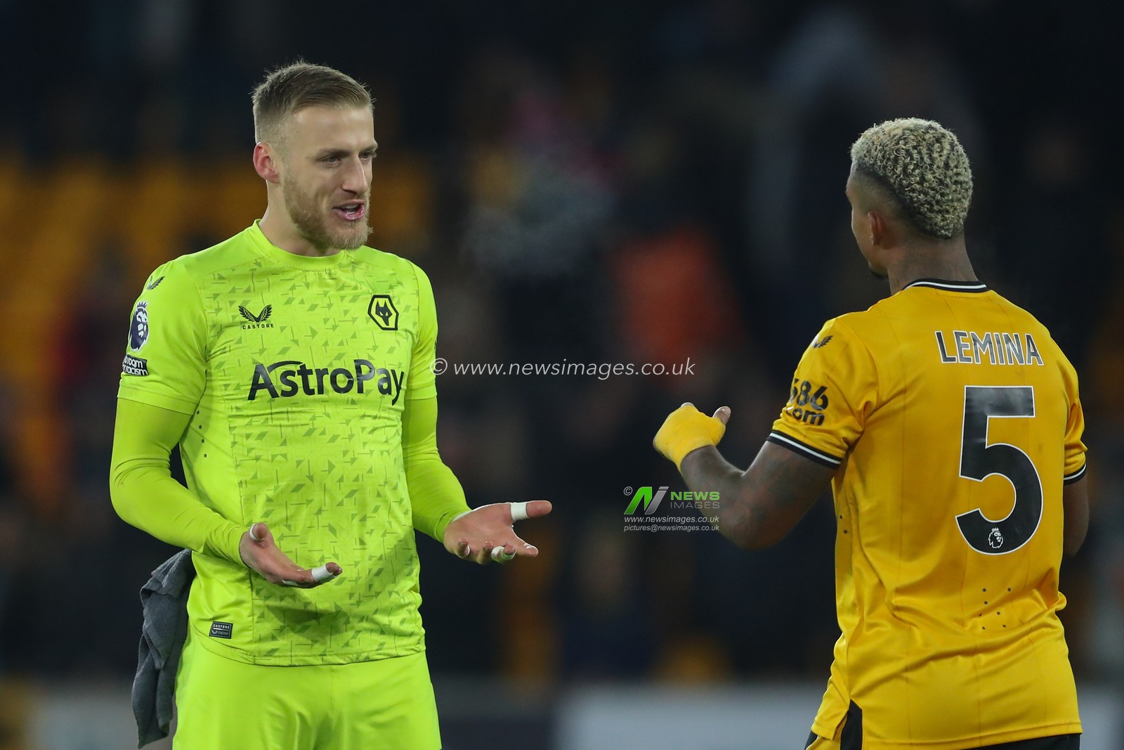 Daniel Bentley #25 of Wolverhampton Wanderers jokes with Mario Lemina #5 of Wolverhampton Wanderers after the Premier League match Wolverhampton Wanderers vs Burnley at Molineux, Wolverhampton, United Kingdom, 5th December 2023

(Photo by Gareth Evans/News Images)