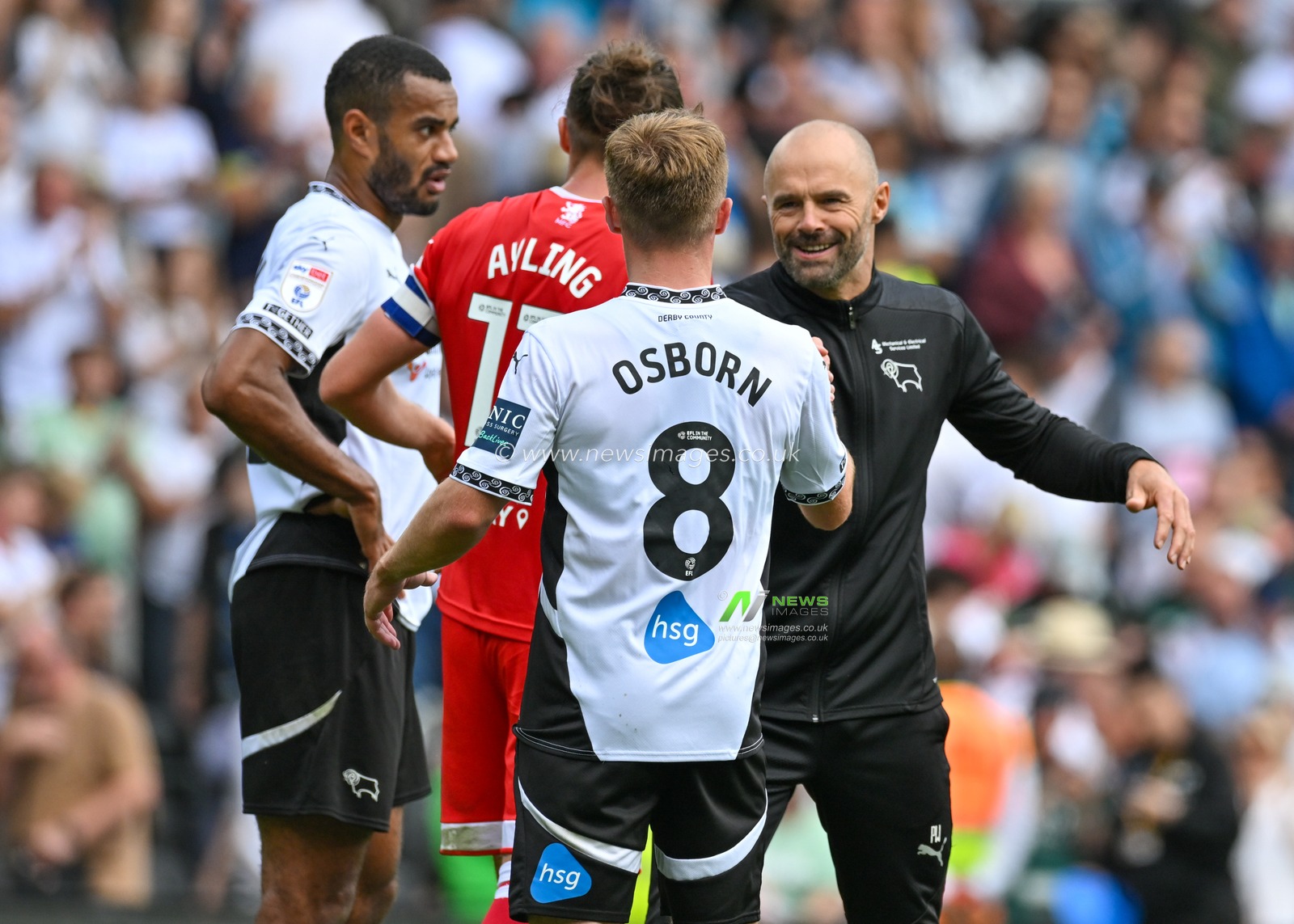 Paul WARNE of Derby County FC (Head Coach / Manager) celebrates winning the match with Ben OSBORN of Derby County FC and Kayden JACKSON of Derby County FC during the Sky Bet Championship match Derby County vs Middlesbrough at Pride Park Stadium, Derby, United Kingdom, 17th August 2024

(Photo by Mark Dunn/News Images)