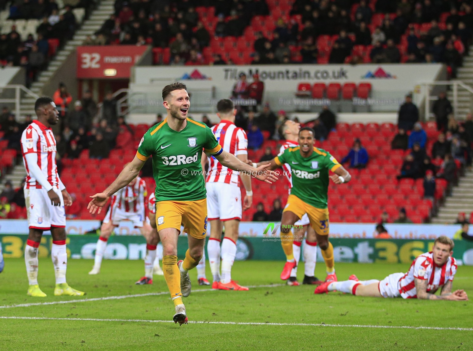 12th February 2020, Bet365 Stadium, Stoke-on-Trent, England; Sky Bet Championship, Stoke City v Preston North End : Alan Browne (8) of Preston North End celebrates scoring in the 57th minute to make it 0-1 to Preston