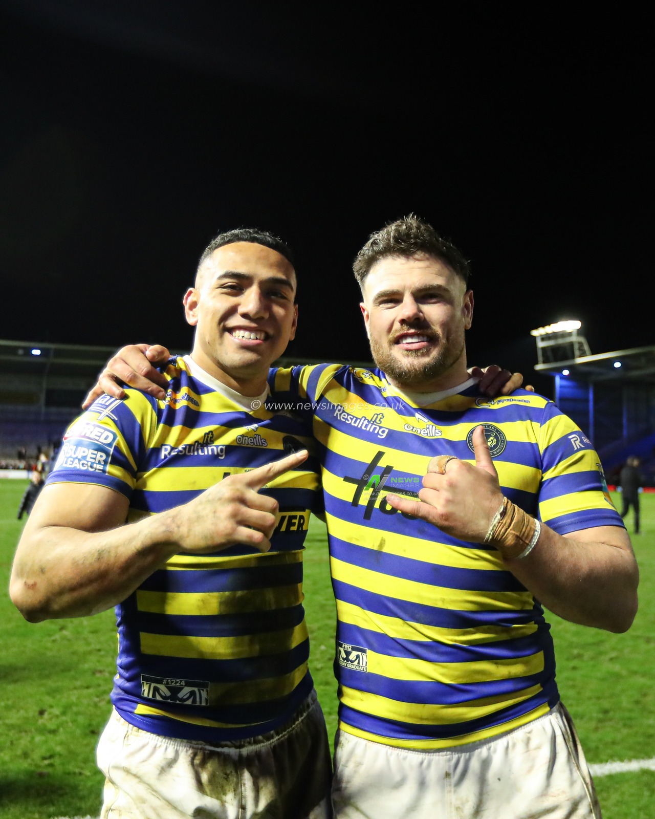 Albert Hopoate of Warrington Wolves and Joe Philbin of Warrington Wolves pose for photo after the Betfred Super League Round 1 match Warrington Wolves vs St Helens at The Halliwell Jones Stadium, Warrington, United Kingdom on 13 February 2026

(Photo by Jorge Horsted/News Images)