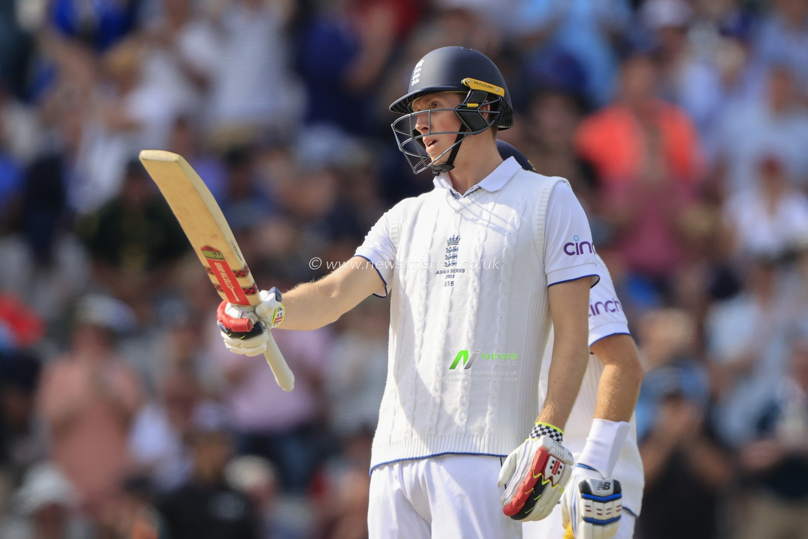 Zac Crawley of England celebrates his 150 runs during the LV= Insurance Ashes Fourth Test Series Day Two England vs Australia at Old Trafford, Manchester, United Kingdom, 20th July 2023

(Photo by Conor Molloy/News Images)