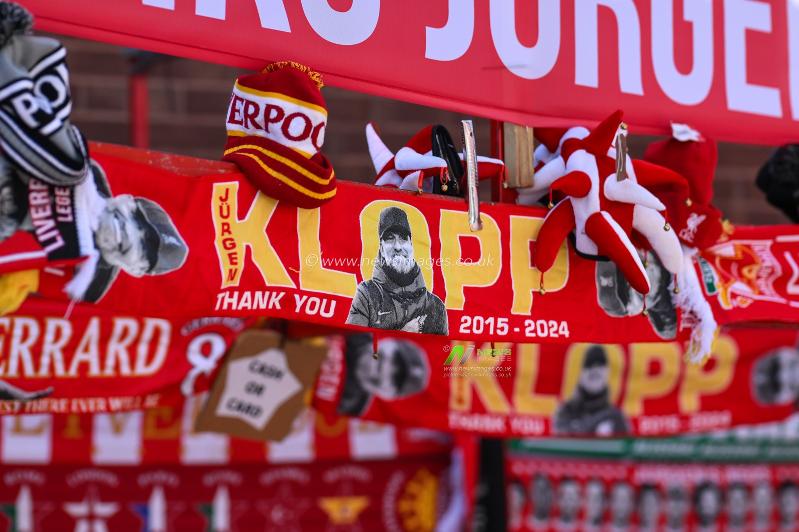 A Jurgen Klopp Scarf on a Souvenir stalls outside Anfield ahead of the Premier League match Liverpool vs Wolverhampton Wanderers at Anfield, Liverpool, United Kingdom, 19th May 2024

(Photo by Craig Thomas/News Images)