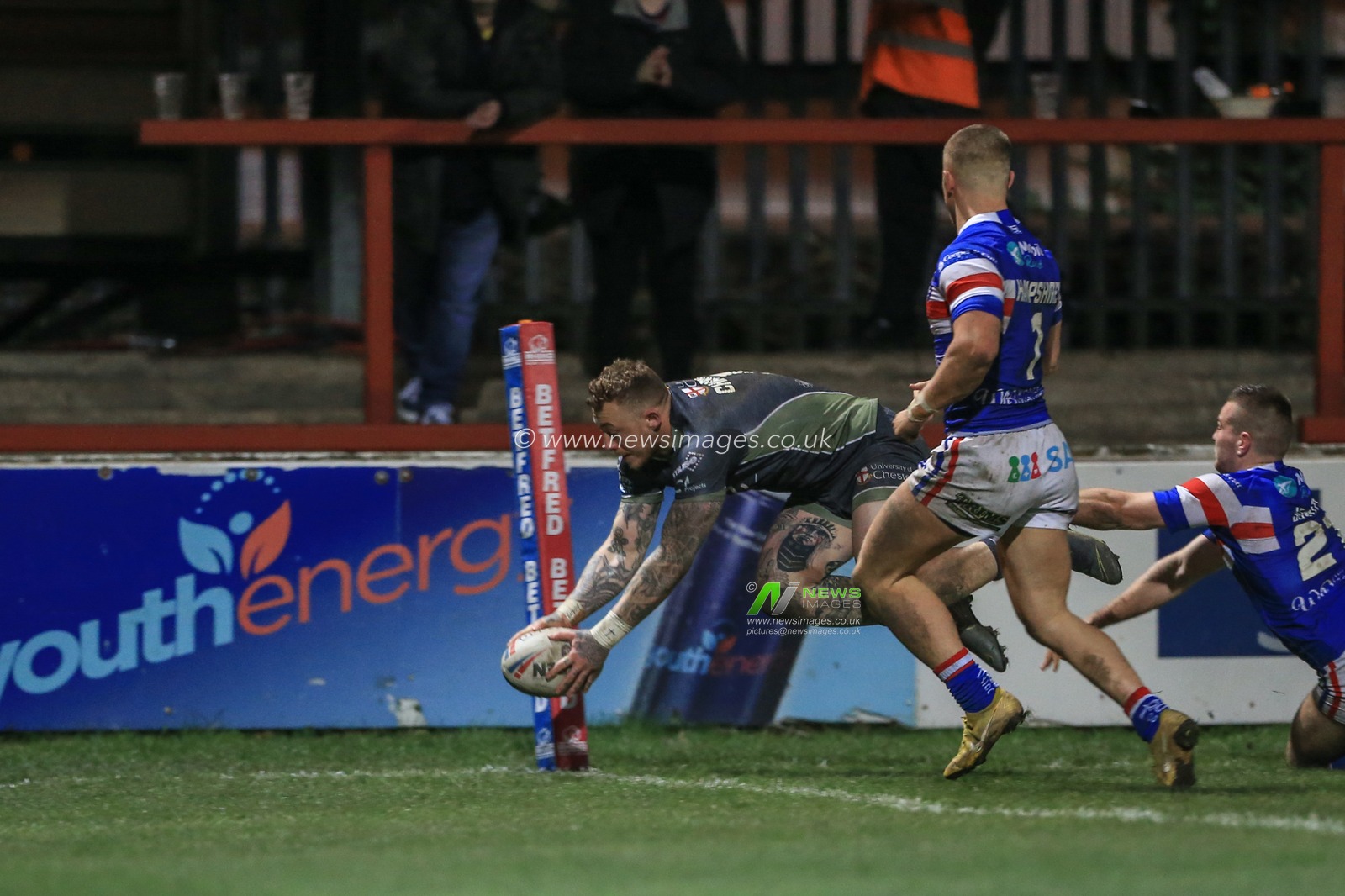 21st March 2019 , Mobile Rocket Stadium, Wakefield, England;  Betfred Super League, Round 7, Wakefield Trinity vs Warrington Wolves  ; Josh Charnley (5) of Warrington Wolves goes over for a try 

Credit: Mark Cosgrove/News Images