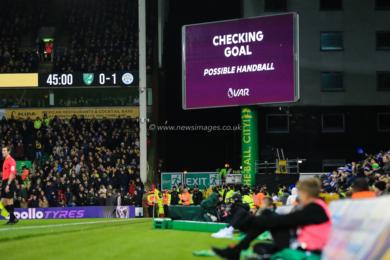 28th February 2020, Carrow Road, Norwich, England; Premier League, Norwich City v Leicester City : VAR checks for a possible handball