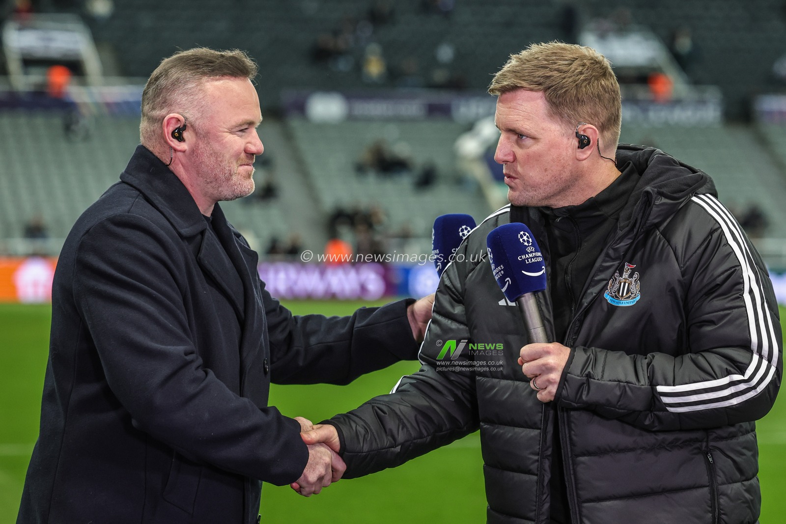 Wayne Rooney shakes hands with Eddie Howe manager of Newcastle United ahead of the UEFA Champions League Last 16 match Newcastle Untied vs Barcelona at St. James's Park, Newcastle, United Kingdom on 10 March 2026

(Photo by Mark Cosgrove/News Images)