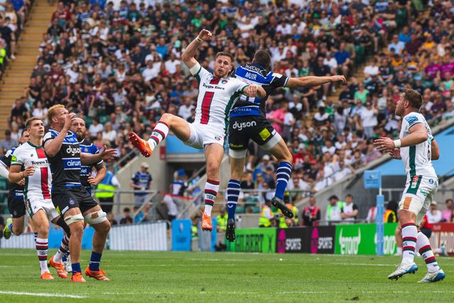 Freddie Steward of Leicester Tigers and Will Muir of Bath during the Gallagher Premiership Play-off Final 2025 Bath Rugby v Leicester Tigers at Allianz Stadium, Twickenham, United Kingdom, 14th June 2025

(Photo by Craig Evans/News Images)