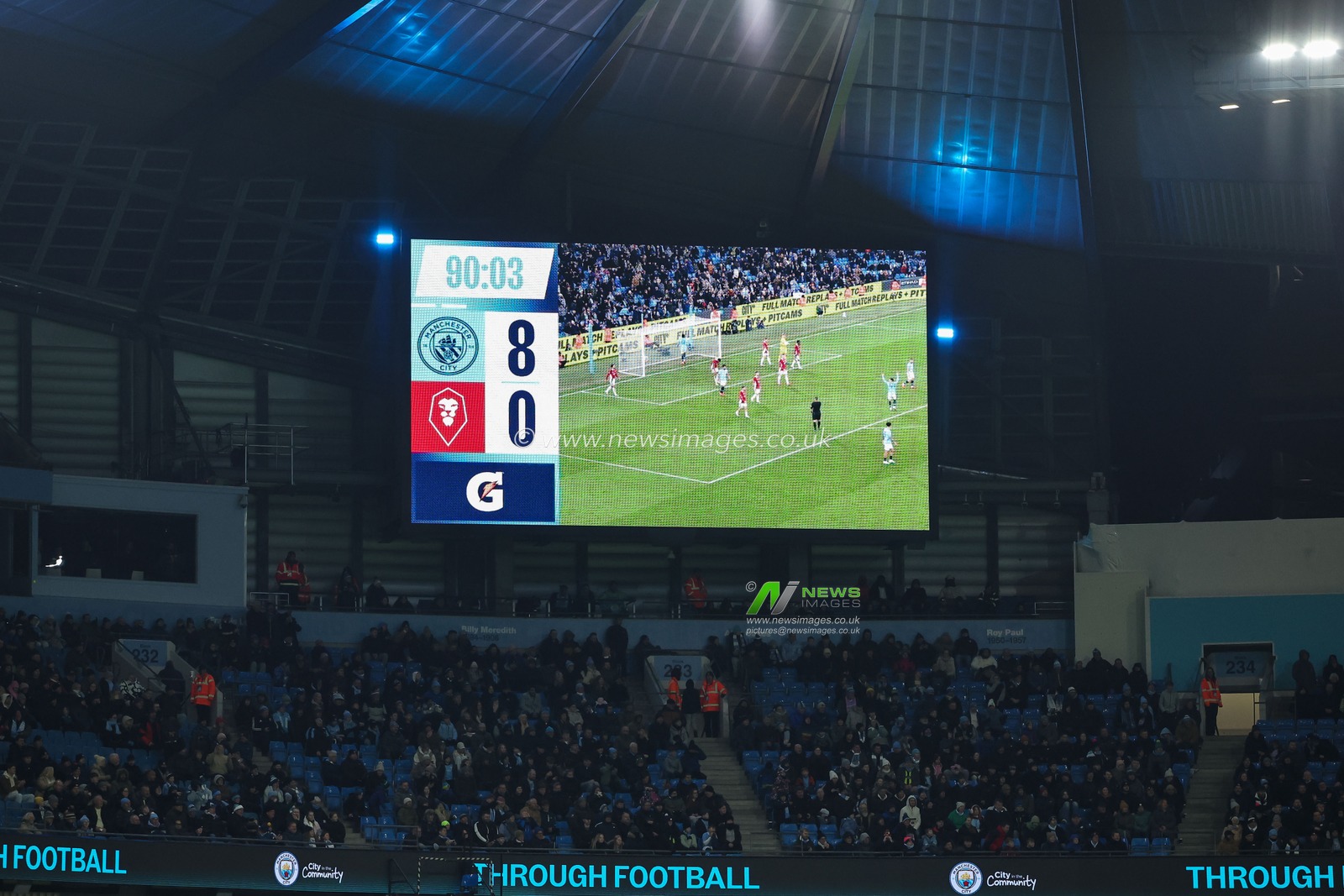 Scoreboard showing the final score of 8-0 at the end of the Emirates FA Cup 3rd Round match Manchester City vs Salford City at Etihad Stadium, Manchester, United Kingdom, 11th January 2025

(Photo by Mark Cosgrove/News Images)