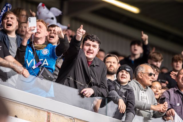 Stockport County fans during the Sky Bet League 1 match Wrexham vs Stockport County at SToK Cae Ras, Wrexham, United Kingdom, 22nd March 2025

(Photo by Nik Mesney/News Images)