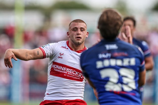 Mikey Lewis of Hull KR charges at Josh Rourke of Wakefield Trinity after he kicks the ball at the end of their set during the Betfred Super League round 18 match Hull KR vs Wakefield Trinity at Sewell Group Craven Park, Hull, United Kingdom on 11 July 2026

(Photo by Alfie Cosgrove/News Images)