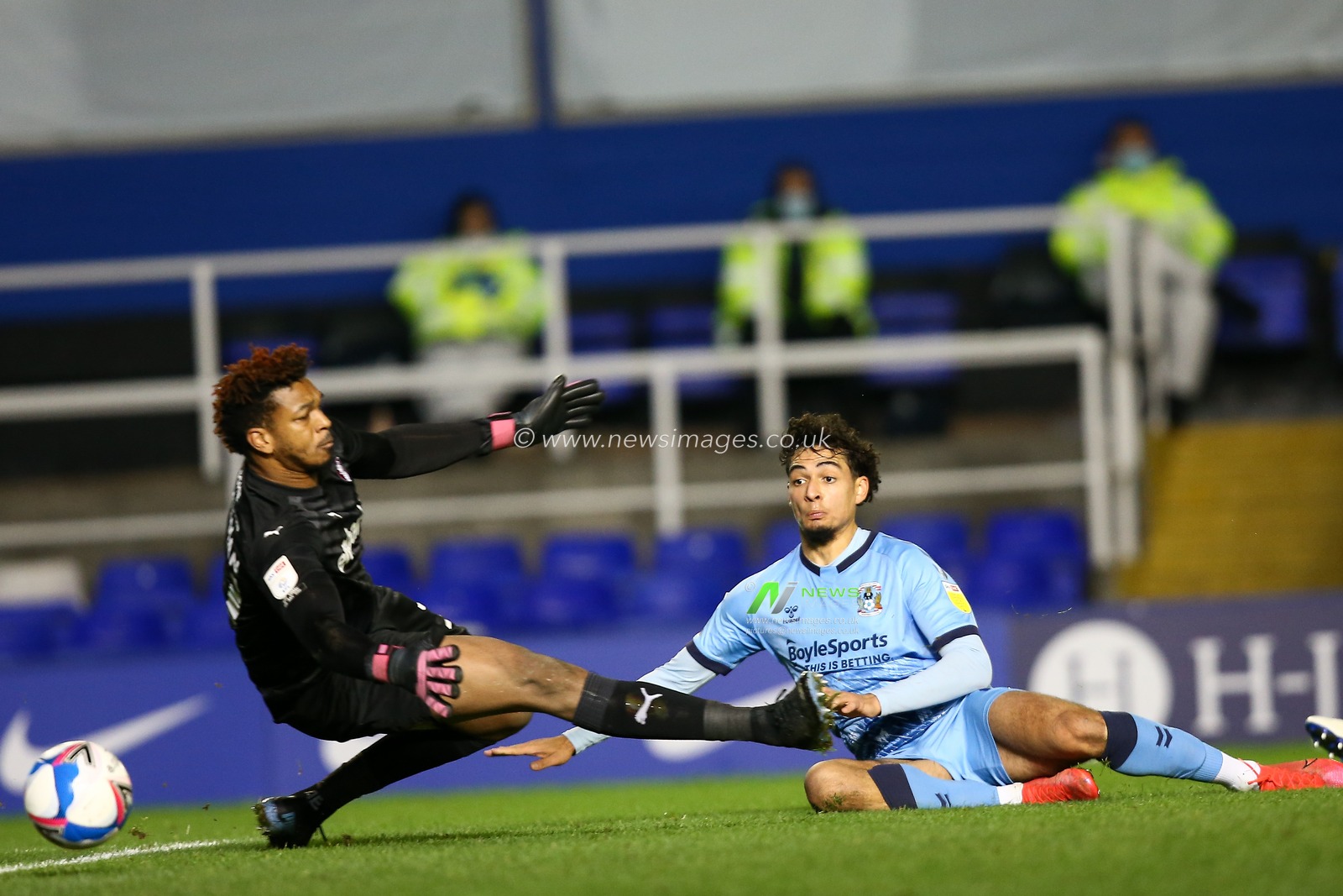 Tyler Walker #19 of Coventry City has a shot but just misses the target