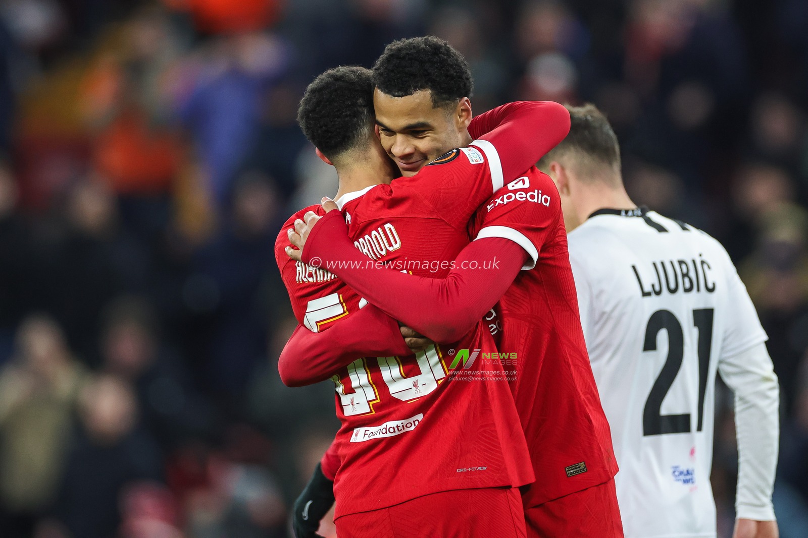 Cody Gakpo #18 of Liverpool celebrates his goal to make it 4-0 during the UEFA Europa League Group E match Liverpool vs LASK at Anfield, Liverpool, United Kingdom, 30th November 2023

(Photo by Mark Cosgrove/News Images)
