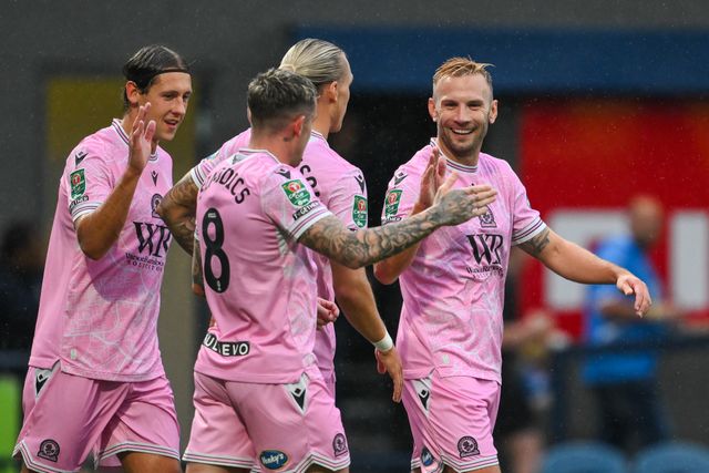 Andreas Weimann  of Blackburn Rovers celebrates his goal to make it 0-2 during the Carabao Cup match Stockport County vs Blackburn Rovers at Edgeley Park Stadium, Stockport, United Kingdom, 13th August 2024

(Photo by Craig Thomas/News Images)