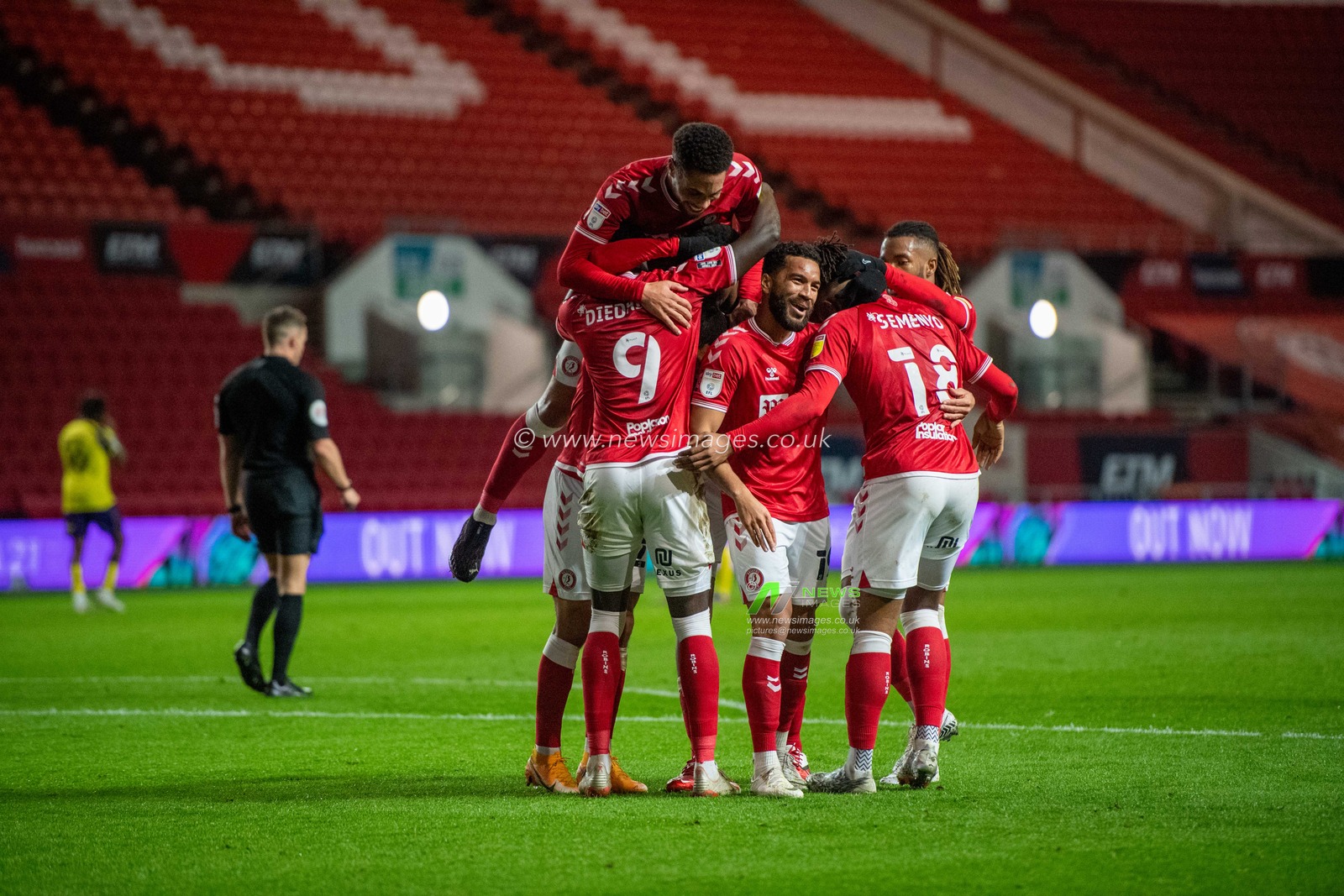 Bristol City celebrate the opening goal scored by Famara Diedhiou