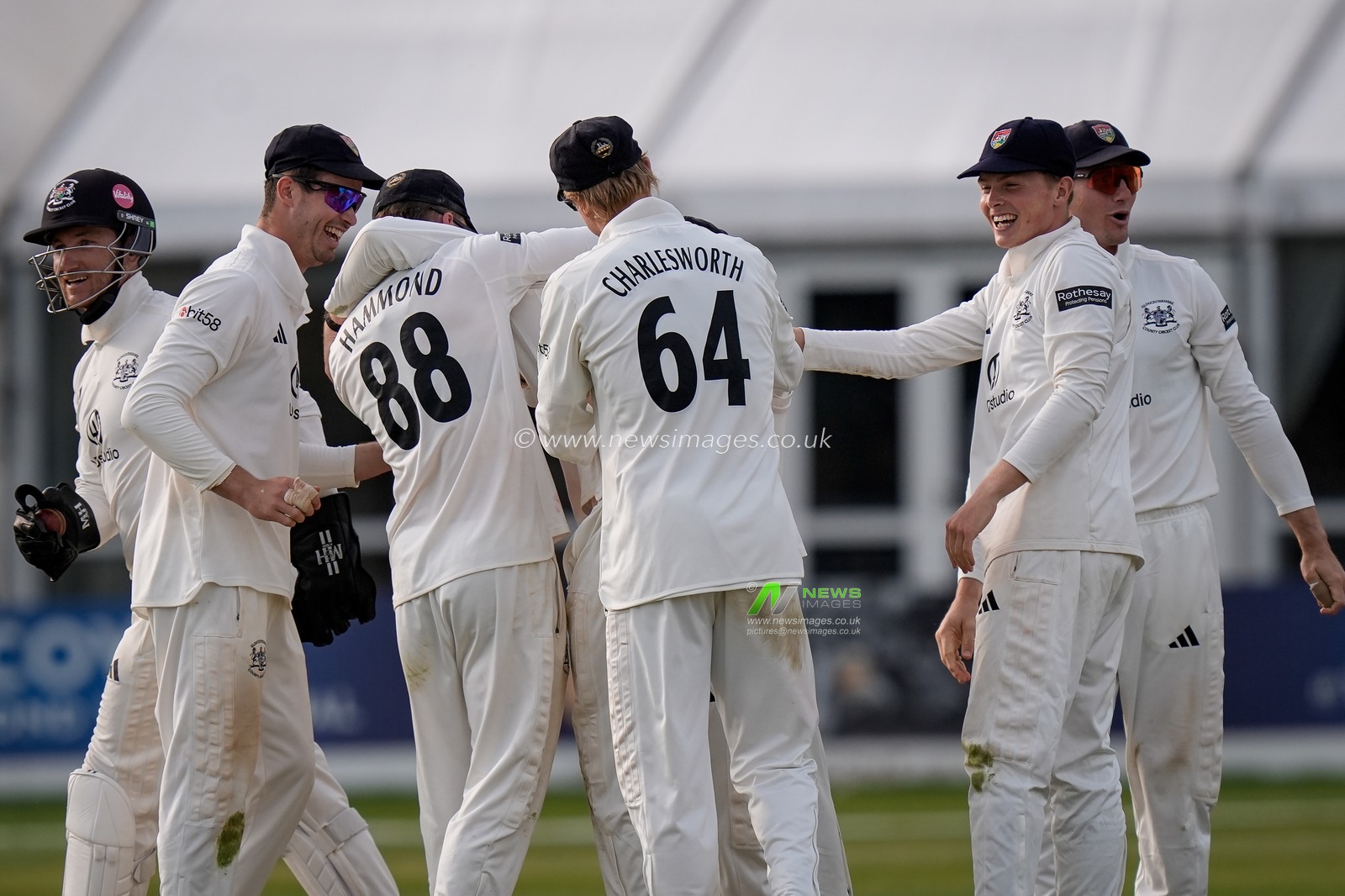 Gloucestershire players celebrate after Wayne Madsen is bowled by Ed Middleton during the County Championship Division Two Derbyshire v Gloucestershire at The Central Co-Op County Ground, Derby, United Kingdom on 26 April 2026

(Photo by Maynard Manyowa/News Images)