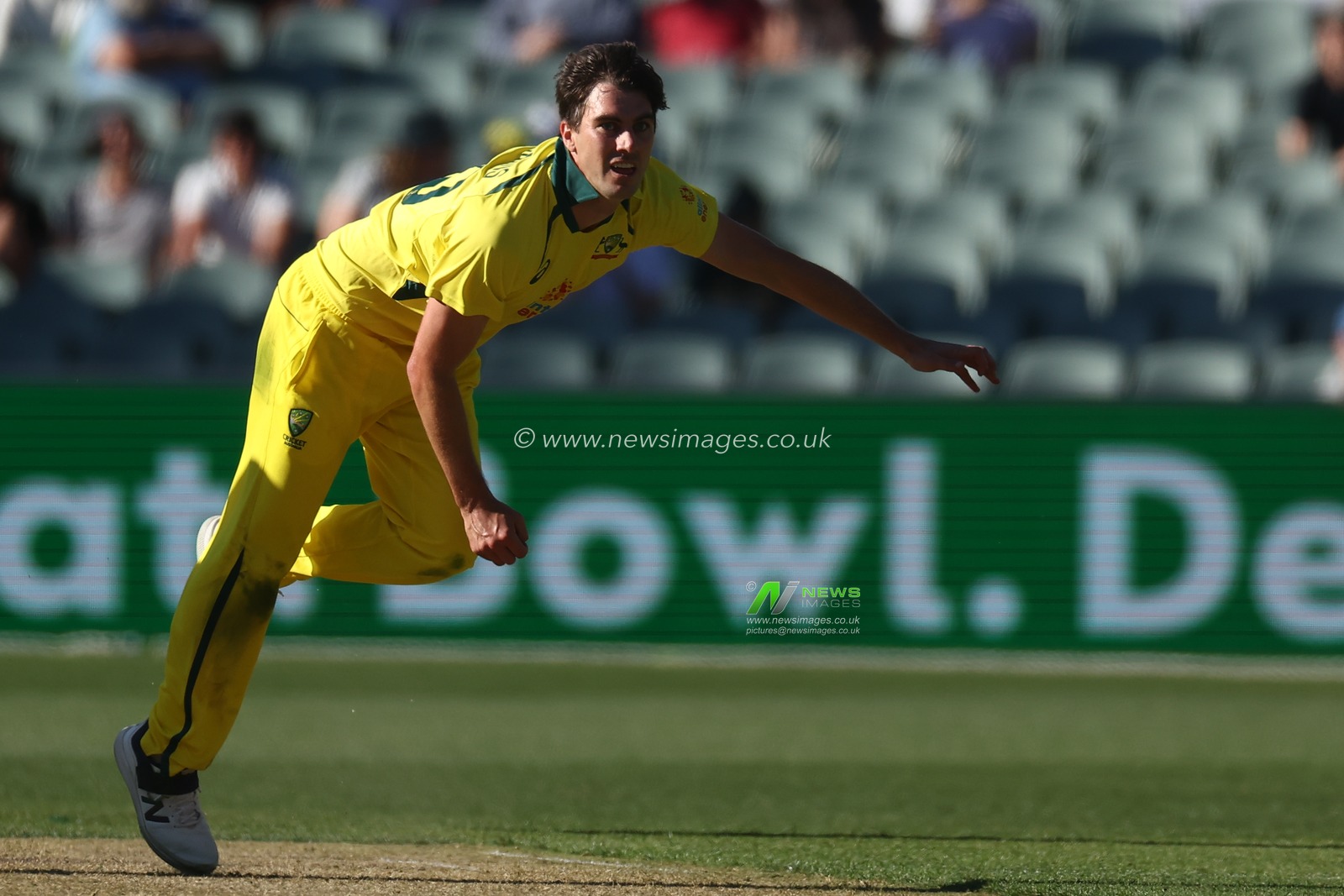 Pat Cummins of Australia bowls out Luke Wood of England during the Dettol ODI Series match Australia vs England at Adelaide Oval, Adelaide, Australia, 17th November 2022

(Photo by Patrick Hoelscher/News Images)