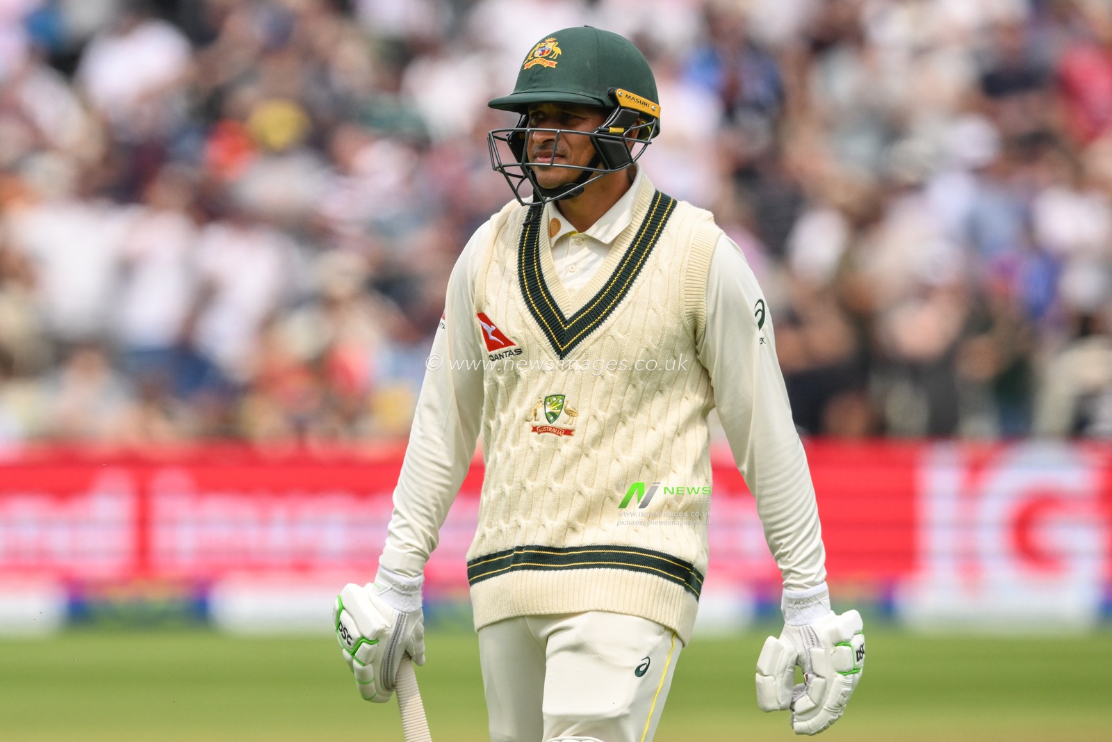 Usman Khawaja of Australia  leaves the field after being bowled by Ollie Robinson of England during the LV= Insurance Ashes First Test Series Day 3 England v Australia at Edgbaston, Birmingham, United Kingdom, 18th June 2023

(Photo by Craig Thomas/News Images)