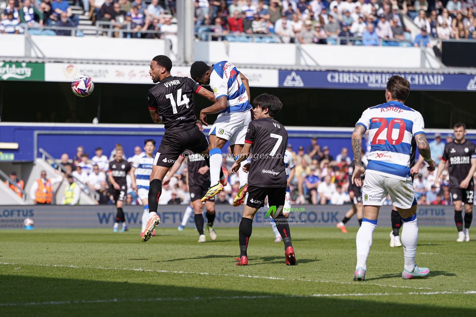 Karamoko DembÃ©lÃ© of Queens Park Rangers scores to make it 1-0 during the Sky Bet Championship match Queens Park Rangers vs Bristol City at Kiyan Prince Foundation Stadium, London, United Kingdom, 12th April 2025

(Photo by Harvey Murphy/News Images)