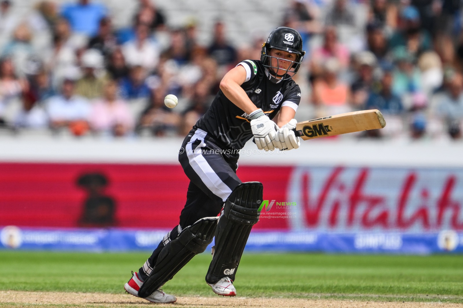 Eve Jones of Manchester Orignals skips the ball for a single during the The Hundred match Manchester Originals Women vs Oval Invincibles Women at Old Trafford, Manchester, United Kingdom, 6th August 2024

(Photo by Craig Thomas/News Images)