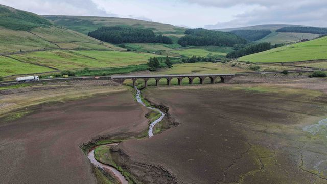 Woodhead Reservoir walter levels drop to one of the lowest points in recent times as grass and other plants start to grow on the Reservoir silt bed at Woodhead, Glossop, United Kingdom, 31st July 2025

(Photo by Mark Cosgrove/News Images)