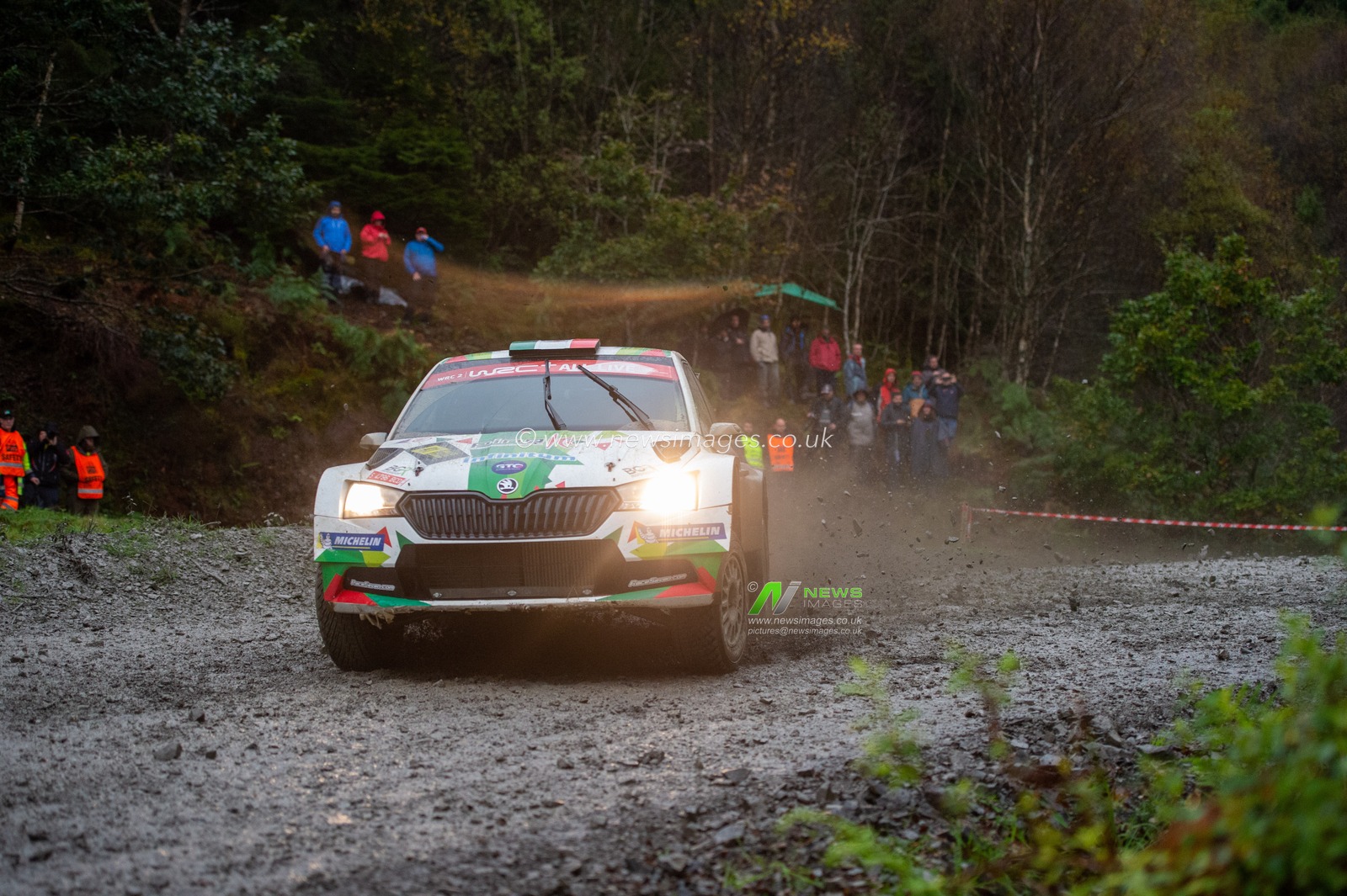 5th October 2019, Wales ; Dyfi, Wales Rally GB 2019 Stage 16 : Benito GUERRA & Co Driver Jaime ZAPATA competing in the Skoda Fabia R5 Evo takes the sweeping left hander in Dyfi Forest

Credit: Gareth Dalley/News Images