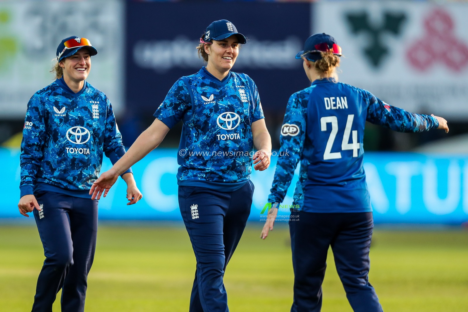 England Women celebrate after the teams victory following the 2nd Metro Bank ODI Day International England Women v West Indies Women at Uptonsteel County Ground, Leicester, United Kingdom, 4th June 2025

(Photo by Izzy Poles/News Images)
