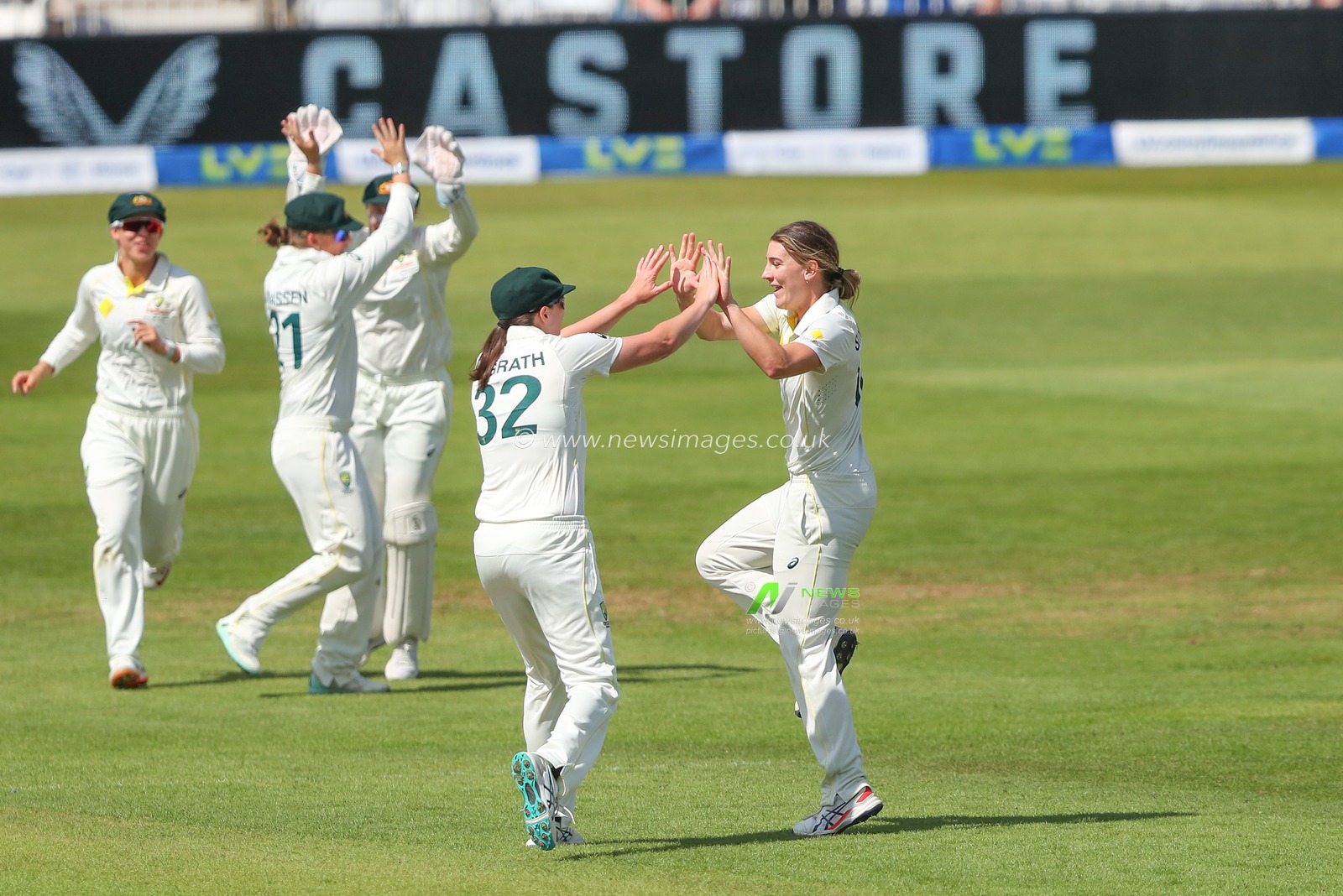 Annabel Sutherland of Australia celebrates the dismissal of Emma Lamb of England during the Metro Bank Women's Ashes 2023 match Day 2 England vs Australia at Trent Bridge, Nottingham, United Kingdom, 23rd June 2023

(Photo by Gareth Evans/News Images)