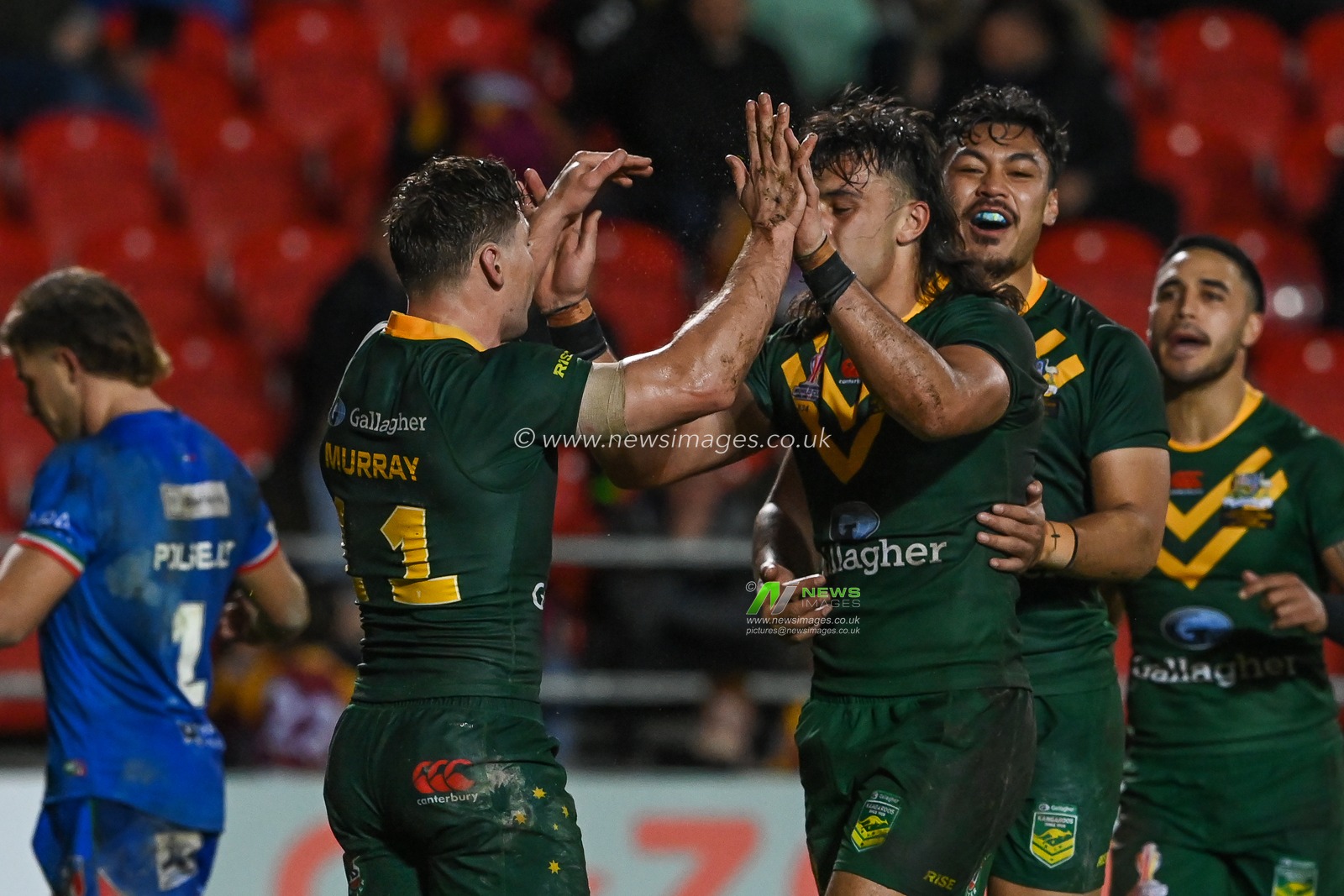 Cameron Murray of Australia celebrates his try during the Rugby League World Cup 2021 match Australia vs Italy at Totally Wicked Stadium, St Helens, United Kingdom, 29th October 2022

(Photo by Craig Thomas/News Images)