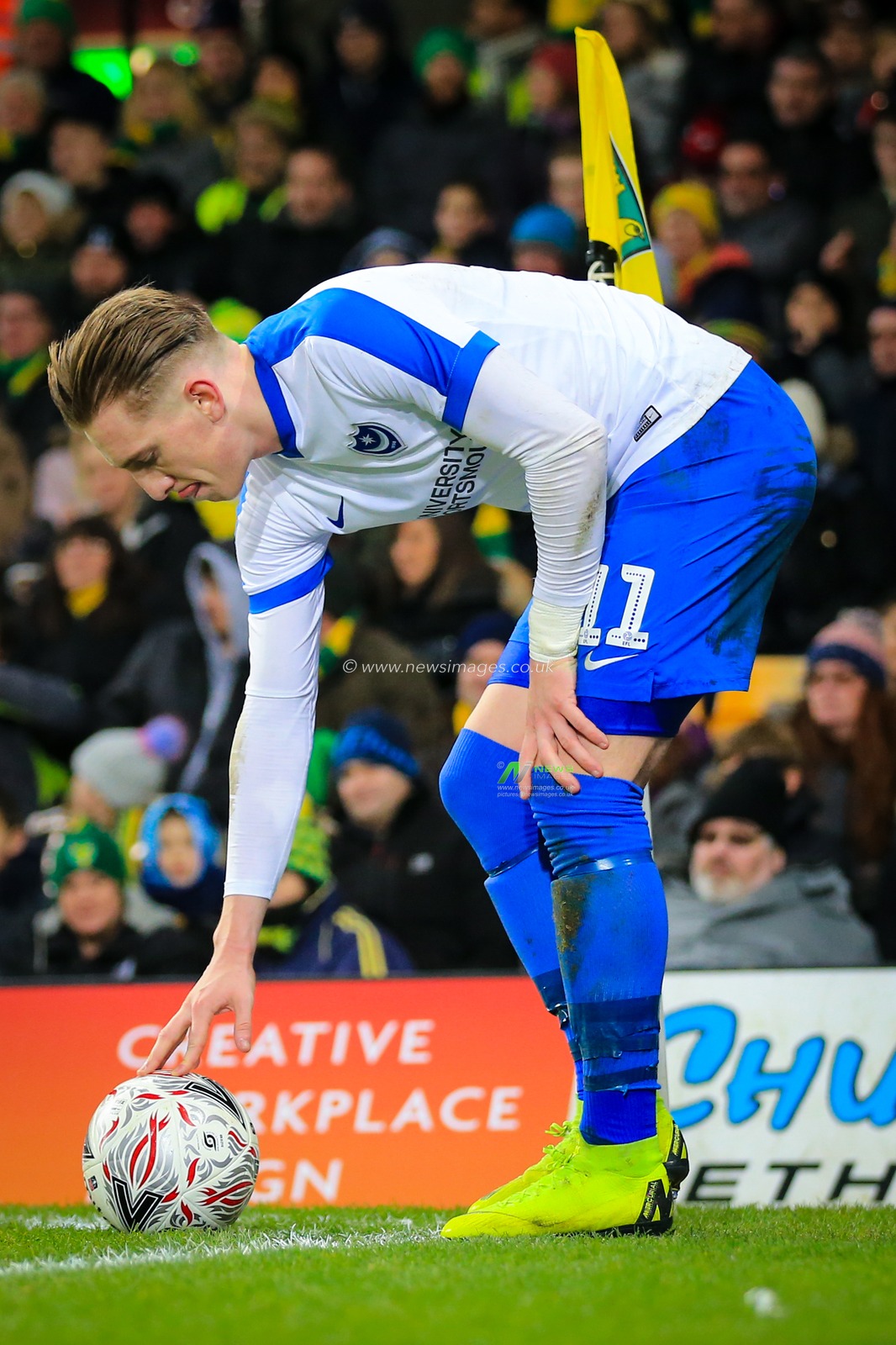 5th January 2019, Carrow Road, Norfolk, England; The Emirates FA Cup, 3rd Round, Norwich City vs Portsmouth ; Ronan Curtis (11) of Portsmouth prepares for a corner kick. 

Credit: Georgie Kerr/News Images

English Football League images are subject to DataCo Licence