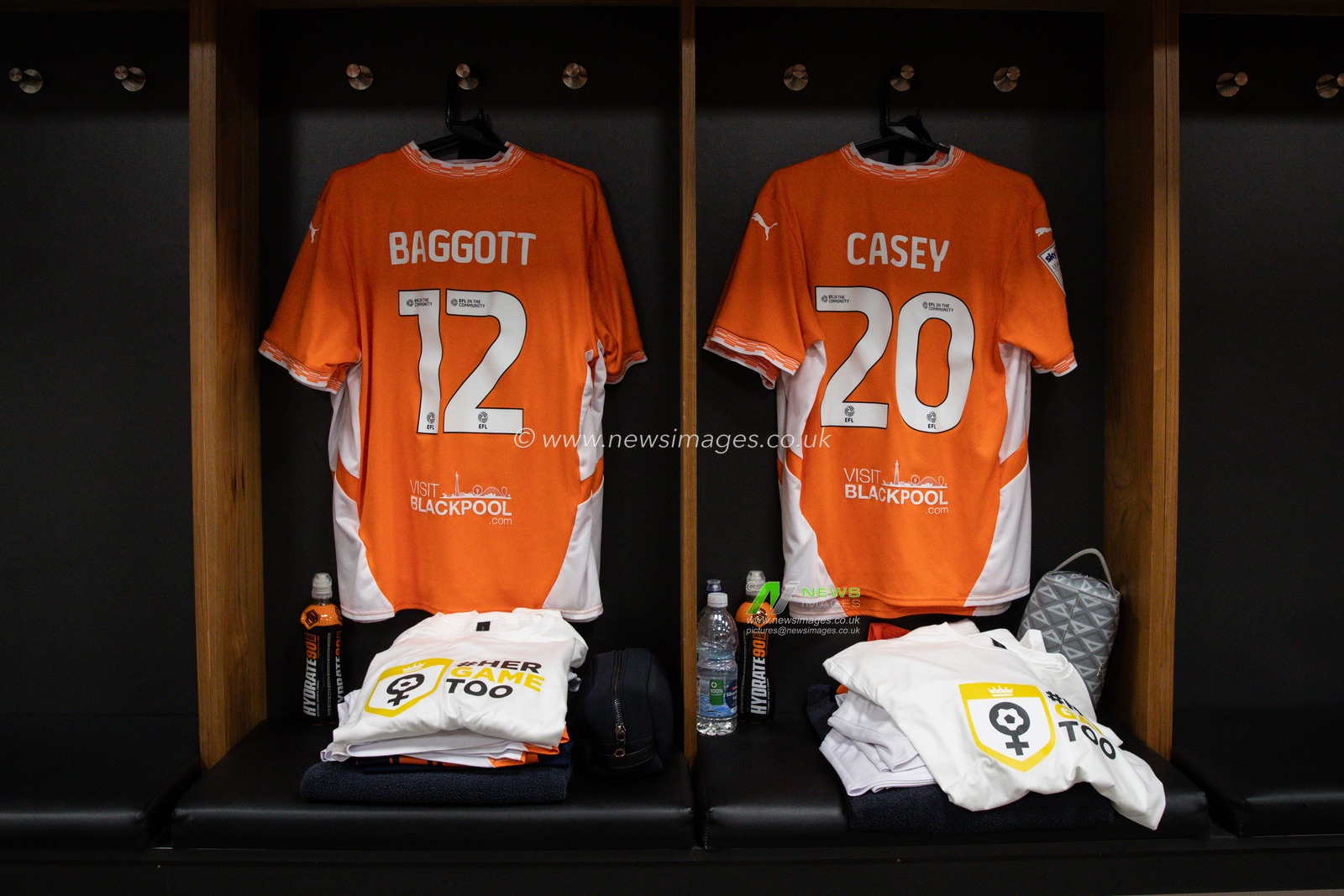 The home shirts of Elkan Baggott of Blackpool and Oliver Casey of Blackpool in the dressing room ahead of the Sky Bet League 1 match Blackpool vs Crawley Town at Bloomfield Road, Blackpool, United Kingdom, 22nd February 2025

(Photo by Gareth Evans/News Images)