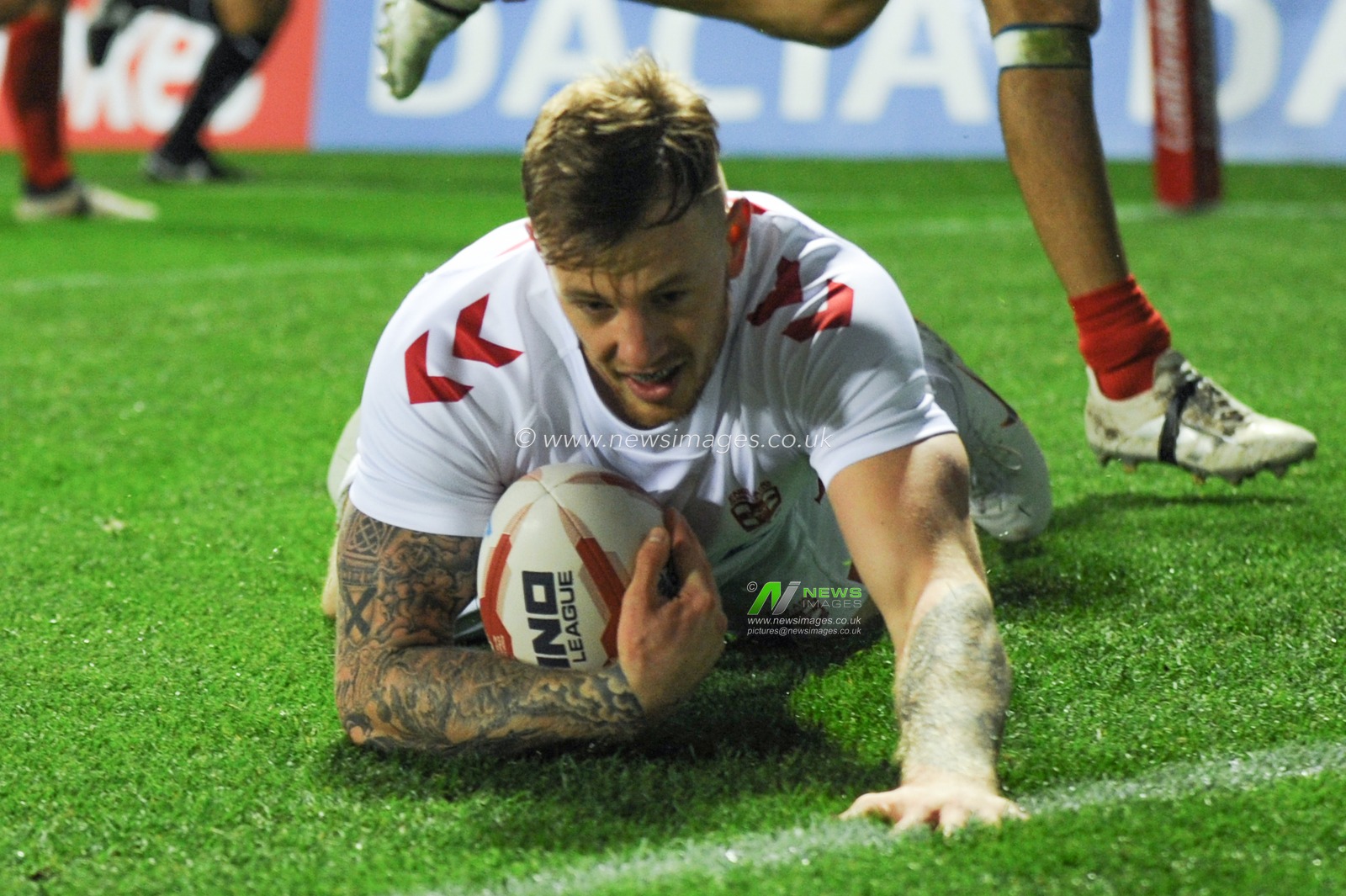17th October 2018 , Leigh Sports Village,  Leigh, England;  Rugby League International, England v France ; Tom Johnstone of England (Wakefield Trinity) scores his 2nd try of the evening


Credit:   Richard Long/News Images
