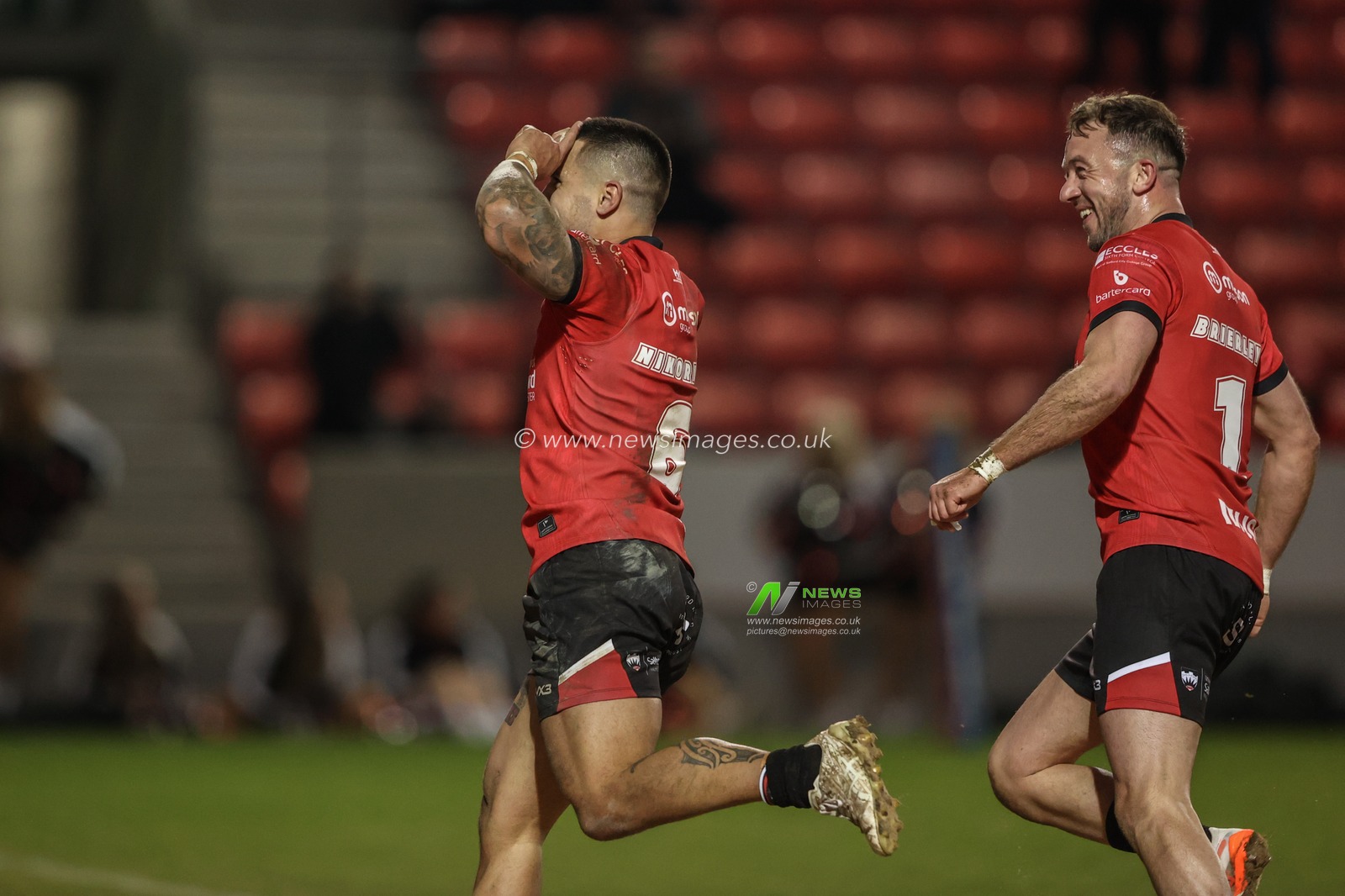 Jayden Nikorima of Salford Red Devils celebrates his try during the Betfred Super League Round 5 match Salford Red Devils vs Huddersfield Giants at Salford Community Stadium, Eccles, United Kingdom, 20th March 2025

(Photo by Alfie Cosgrove/News Images)