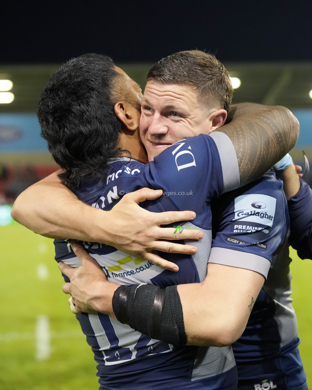 Sale Sharks full back Sam James hugs Sale Sharks centre Manu Tuilagi after both players played their last home game for the Sharks during the Gallagher Premiership match Sale Sharks vs Leicester Tigers at Salford Community Stadium, Eccles, United Kingdom, 10th May 2024

(Photo by Steve Flynn/News Images)