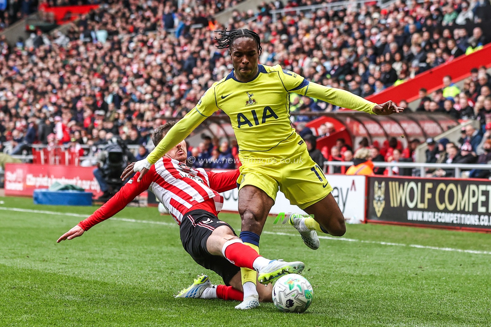 Mathys Tel of Tottenham Hotspur is fouled by Trai Hume of Sunderland during the Premier League match Sunderland vs Tottenham Hotspur at Stadium Of Light, Sunderland, United Kingdom on 12 April 2026

(Photo by Alfie Cosgrove/News Images)