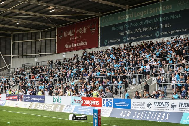 Hull FC fans in the away stand during the Betfred Super League round 23 match St Helens vs Hull FC at Totally Wicked Stadium, St Helens, United Kingdom, 22nd August 2025

(Photo by Alfie Cosgrove/News Images)
