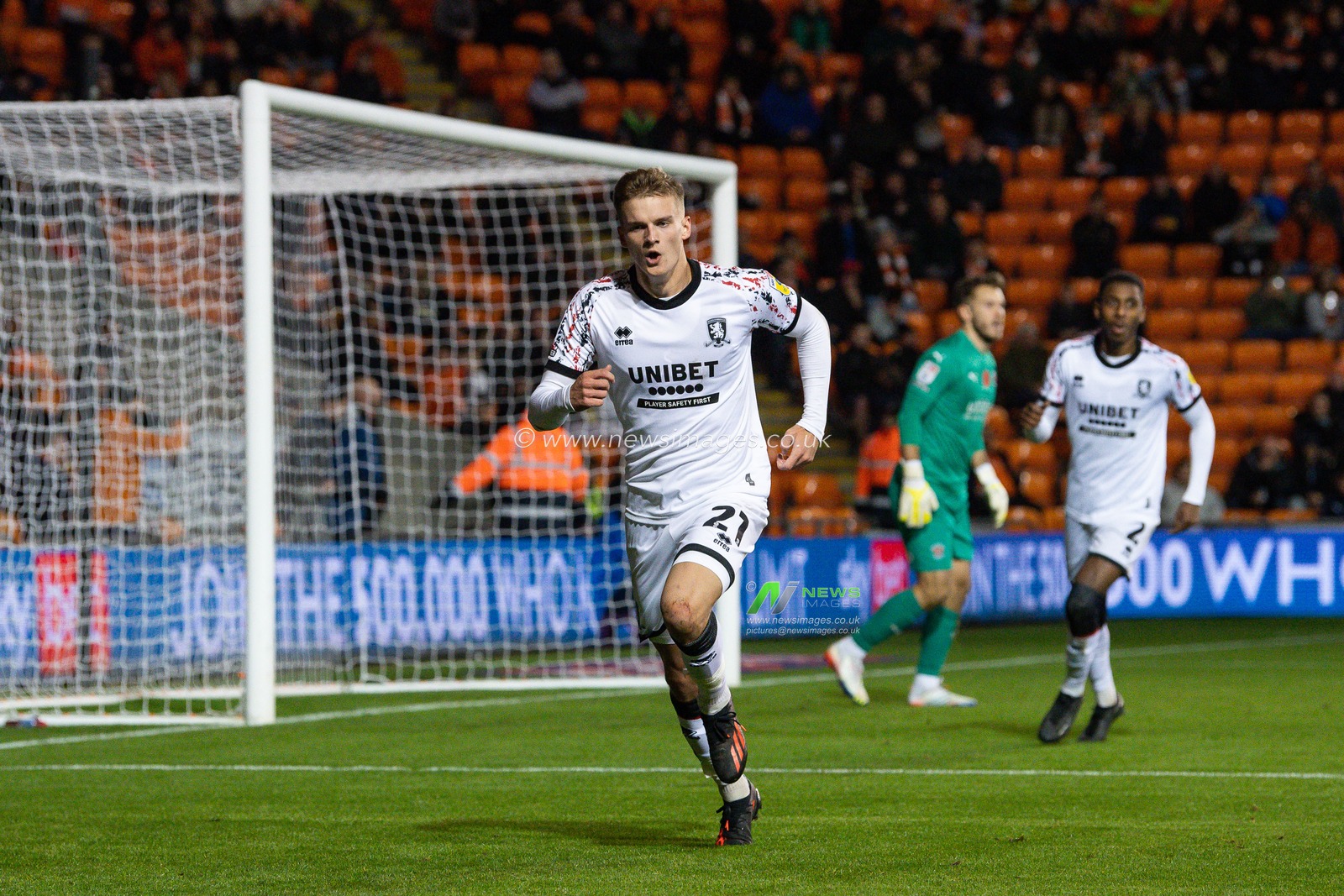 Marcus Forss #21 of Middlesbrough celebrates his goal to make it 0-2 during the Sky Bet Championship match Blackpool vs Middlesbrough at Bloomfield Road, Blackpool, United Kingdom, 8th November 2022

(Photo by Craig Thomas/News Images)