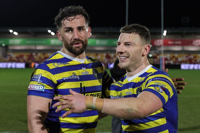 Toby King of Warrington Wolves and George Williams of Warrington Wolves celebrate the win during the Betfred Super League Round 4 match York Knights vs Warrington Wolves at LNER Community Stadium, York, United Kingdom on 06 March 2026

(Photo by Mark Cosgrove/News Images)