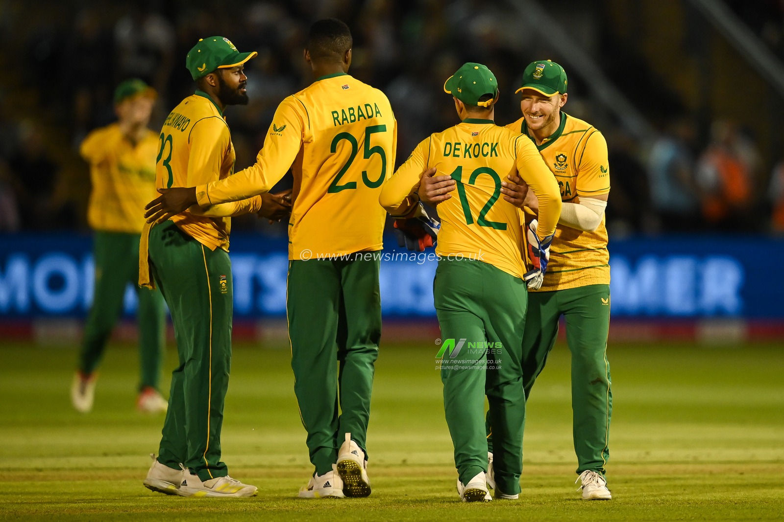 David Miller of South Africa and Quinton De Kock of South Africa celebrate as they take the final wicket and win the game