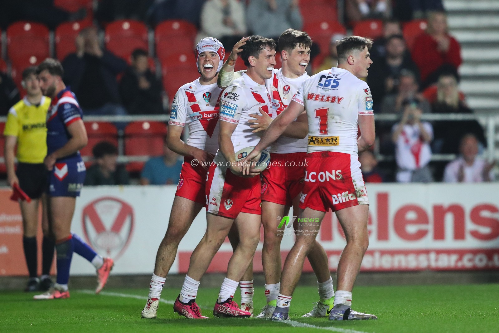 Matt Whitley of St. Helens celebrates his try during the Betfred Super League  Round 7 match St Helens vs Wakefield Trinity at Totally Wicked Stadium, St Helens, United Kingdom, 11th April 2025

(Photo by Gareth Evans/News Images)