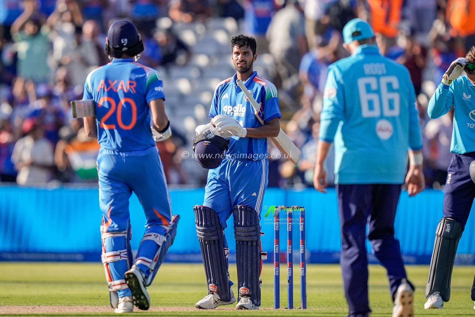 Washington Sundar of India celebrates a half century  and team victory during the 1st Metro Bank ODI match England vs India at Edgbaston, Birmingham, United Kingdom on 14 July 2026

(Photo by Maynard Manyowa/News Images)