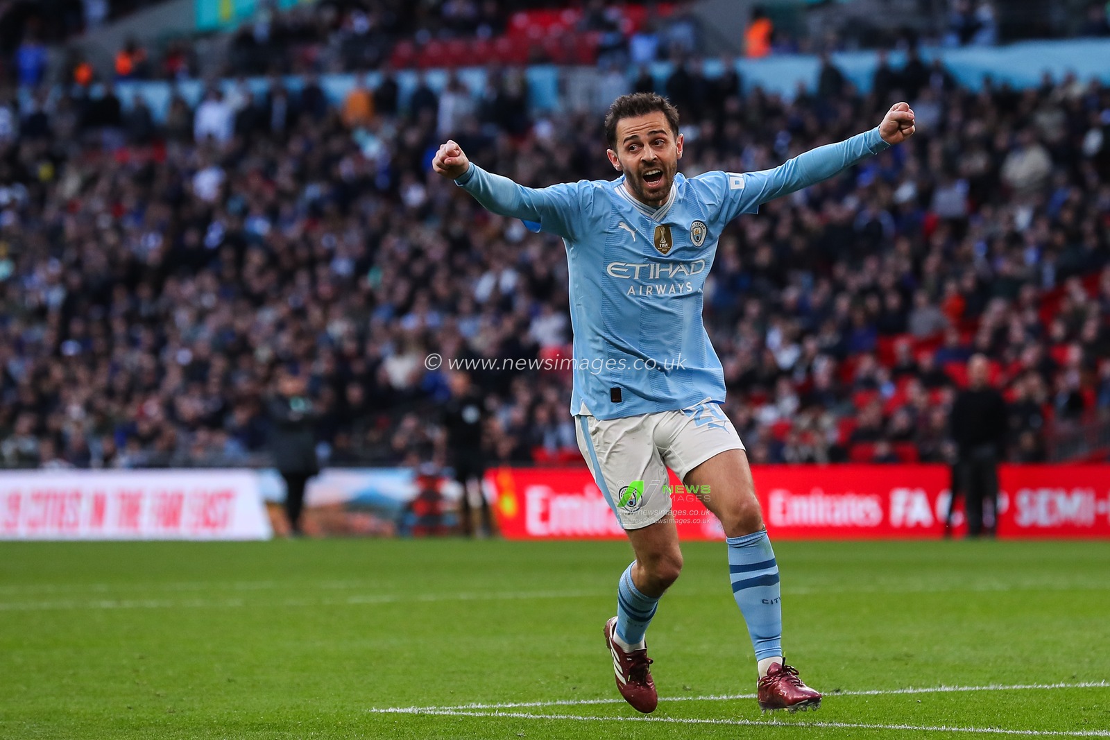 Bernardo Silva of Manchester City celebrates his goal to make it 1-0 during the Emirates FA Cup Semi-Final match Manchester City vs Chelsea at Wembley Stadium, London, United Kingdom, 20th April 2024

(Photo by Gareth Evans/News Images)