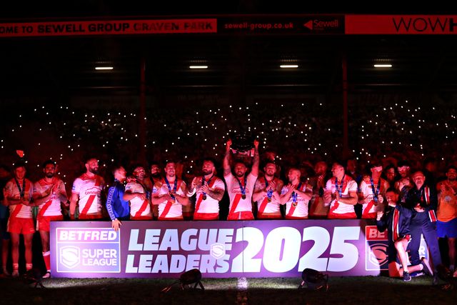 Hull KR lift the League Leaders Shield after the Betfred Super League round 27 match Hull KR vs Warrington Wolves at Sewell Group Craven Park, Kingston upon Hull, United Kingdom, 18th September 2025

(Photo by Sam Eaden/News Images)
