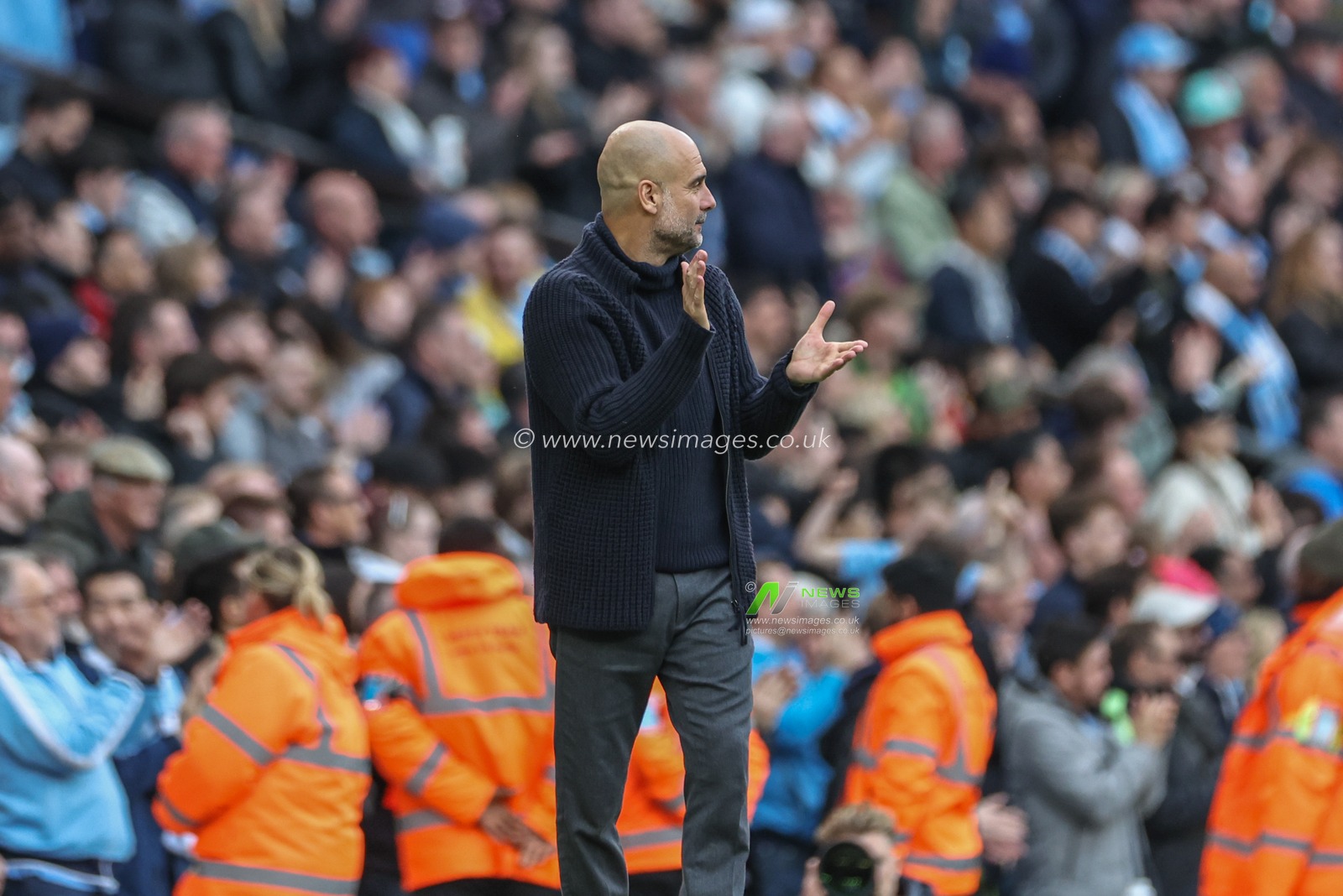 Pep Guardiola manager of Manchester City celebrates the goal of JuliÃ¡n Ãlvarez of Manchester City to make it 5-1 during the Premier League match Manchester City vs Wolverhampton Wanderers at Etihad Stadium, Manchester, United Kingdom, 4th May 2024

(Photo by Mark Cosgrove/News Images)