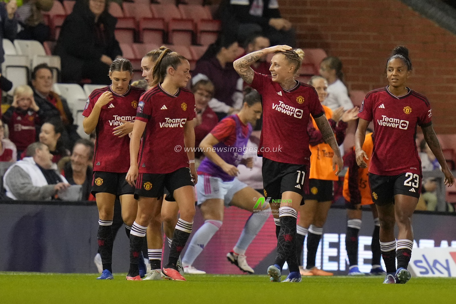 Leah Galton #11 of Manchester United celebrates scoring to make it 1-1 during the The FA Women's Super League match Manchester United Women vs Arsenal Women at Leigh Sports Village, Leigh, United Kingdom, 6th October 2023

(Photo by Steve Flynn/News Images)