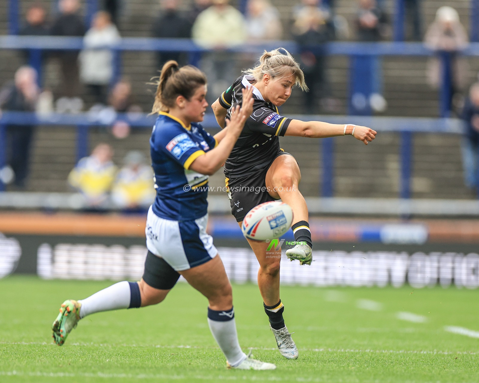 Tara-Jane Stanley of York Valkyrie kicks up field during the Betfred Women's Super League match Leeds Rhinos vs York Valkyrie at Headingley Stadium, Leeds, United Kingdom, 9th April 2023

(Photo by Mark Cosgrove/News Images)