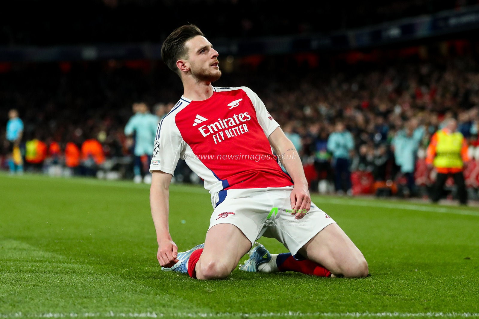 Declan Rice of Arsenal celebrates his goal to make it 1-0 during the UEFA Champions League Quarter-finals match Arsenal vs Real Madrid at Emirates Stadium, London, United Kingdom, 8th April 2025

(Photo by Izzy Poles/News Images)